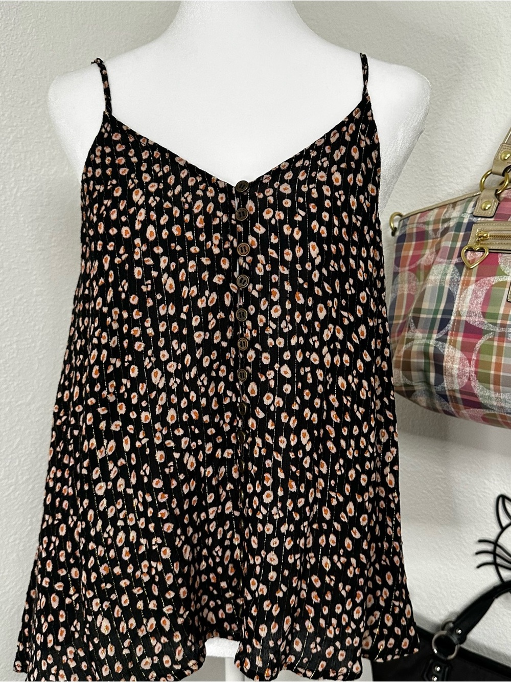 en creme black Floral Women’s Top small button up v neck strap babydoll spring